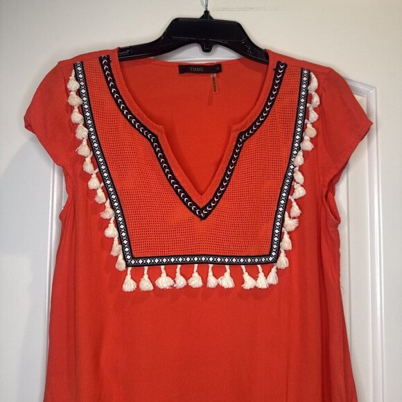 THML Women’s Coral Cap Sleeve Tassel Embroidered V Neck Blouse Top Sz S - Picture 2 of 8